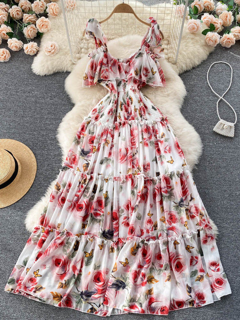 2022 Beach Dresses Women Show Thin Seaside Holiday Maxi Pleated Long Super Fairy Chiffon Print Vestidos D968