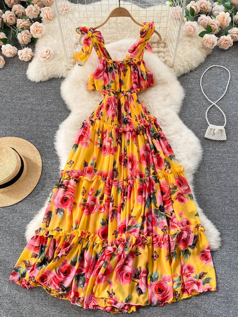 2022 Beach Dresses Women Show Thin Seaside Holiday Maxi Pleated Long Super Fairy Chiffon Print Vestidos D968